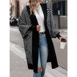Black Geo Pattern Lantern Sleeve Duster Cardigan